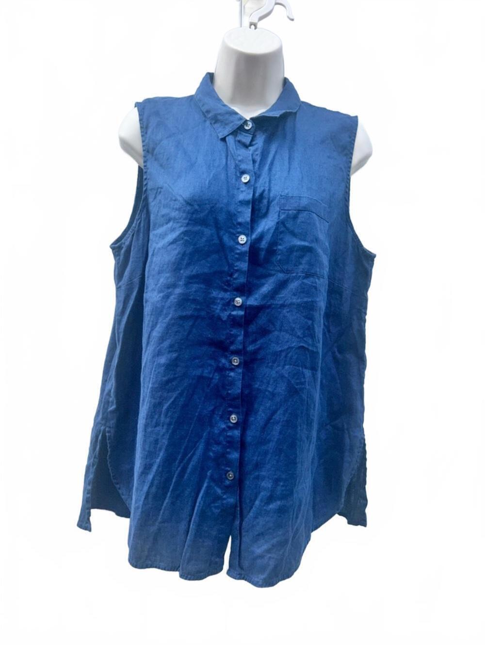 J. Jill Pure Linen Sleeveless Button-Front Linen Blend Top - Navy | Size Large